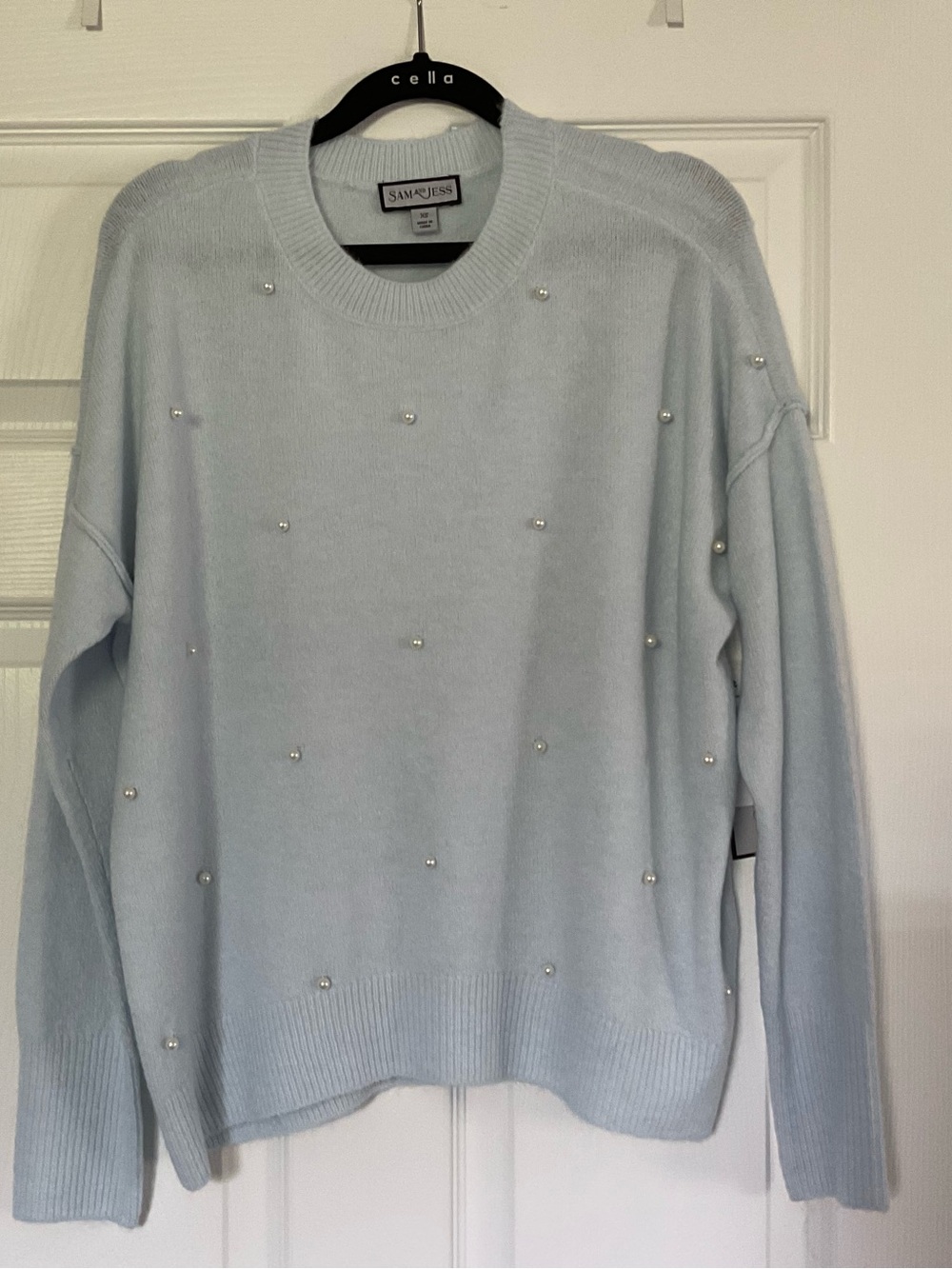 Sam and Jess Light Blue Crewneck Sweater with Pearls